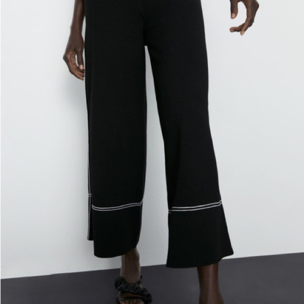 Zara Black Wide-Leg Pants with White Stitching
